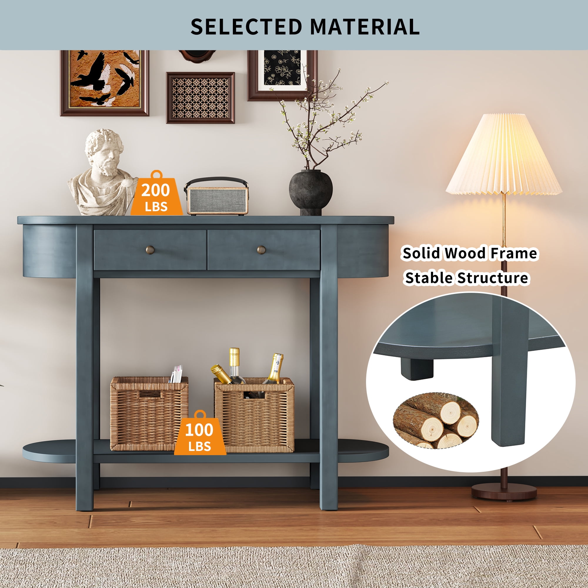 EUROCO 40" Narrow Console Table,Retro Entryway Table with Open Storage Shelf, 2 Drawers and Corner-Curved Design,Sofa Table Behind Couch for Entryway, Hallway and Living Room,Navy