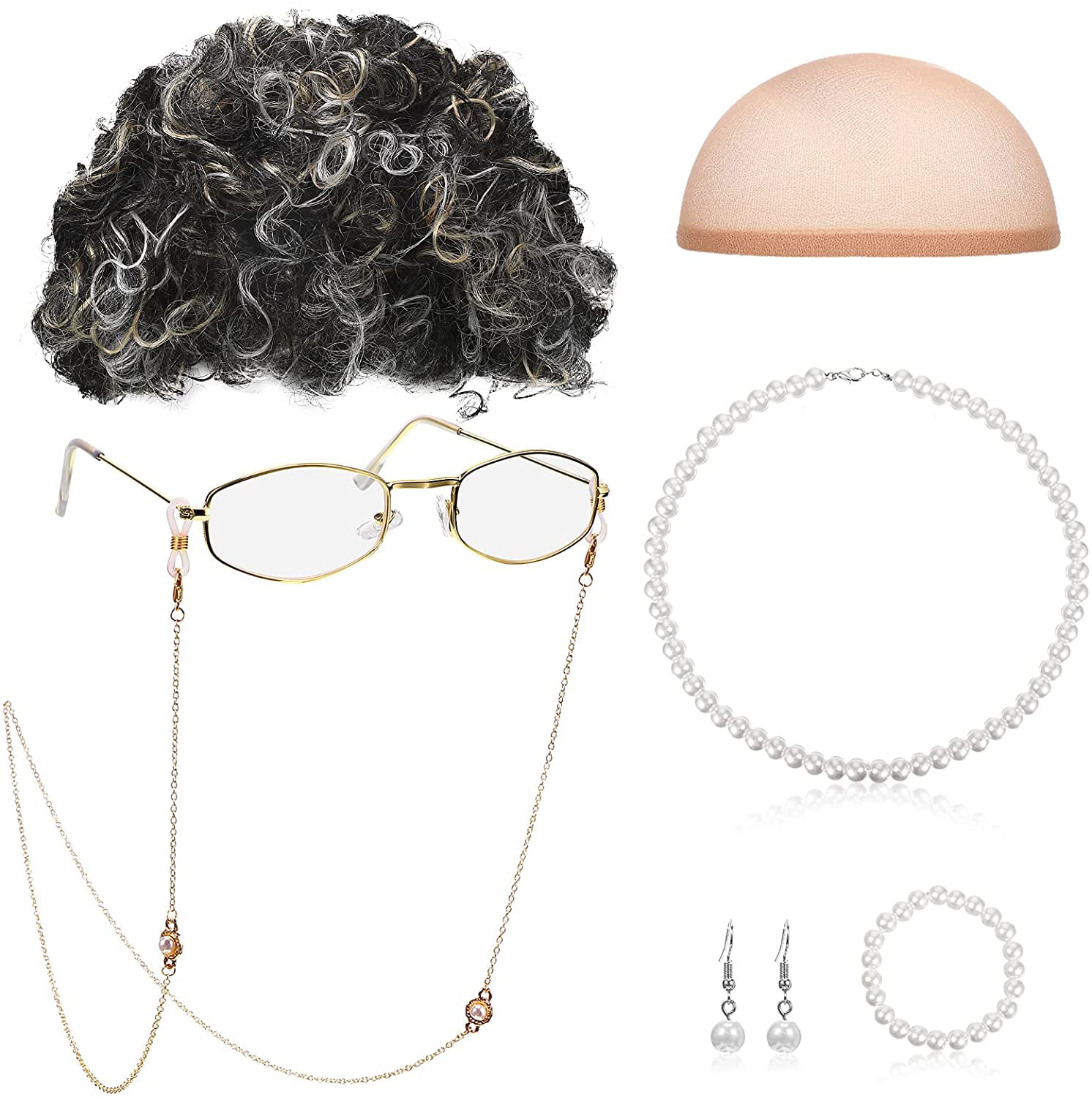 Old Lady Cosplay Set Granny Wig Cap Glasses Chain Cords Faux Pearl Bead Necklace 