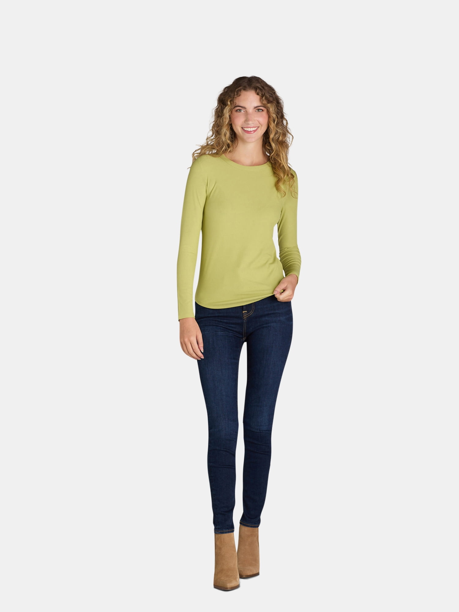 No Boundaries Ribbed Crewneck Tee with Long Sleeves, 1 or 2-Pack, Women's & Women's Plus XXS-XXL