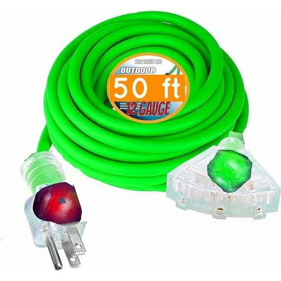 pizety 50 ft 12 Gauge Extension Cord Heavy Duty Indoor Outdoor 125 Volt, 1875 watt, 5-15P/R, UL Listed 12/3 Extension Cord 3 Prong 50 ft 12 AWG Grounded 12/3 Outlet Lighted