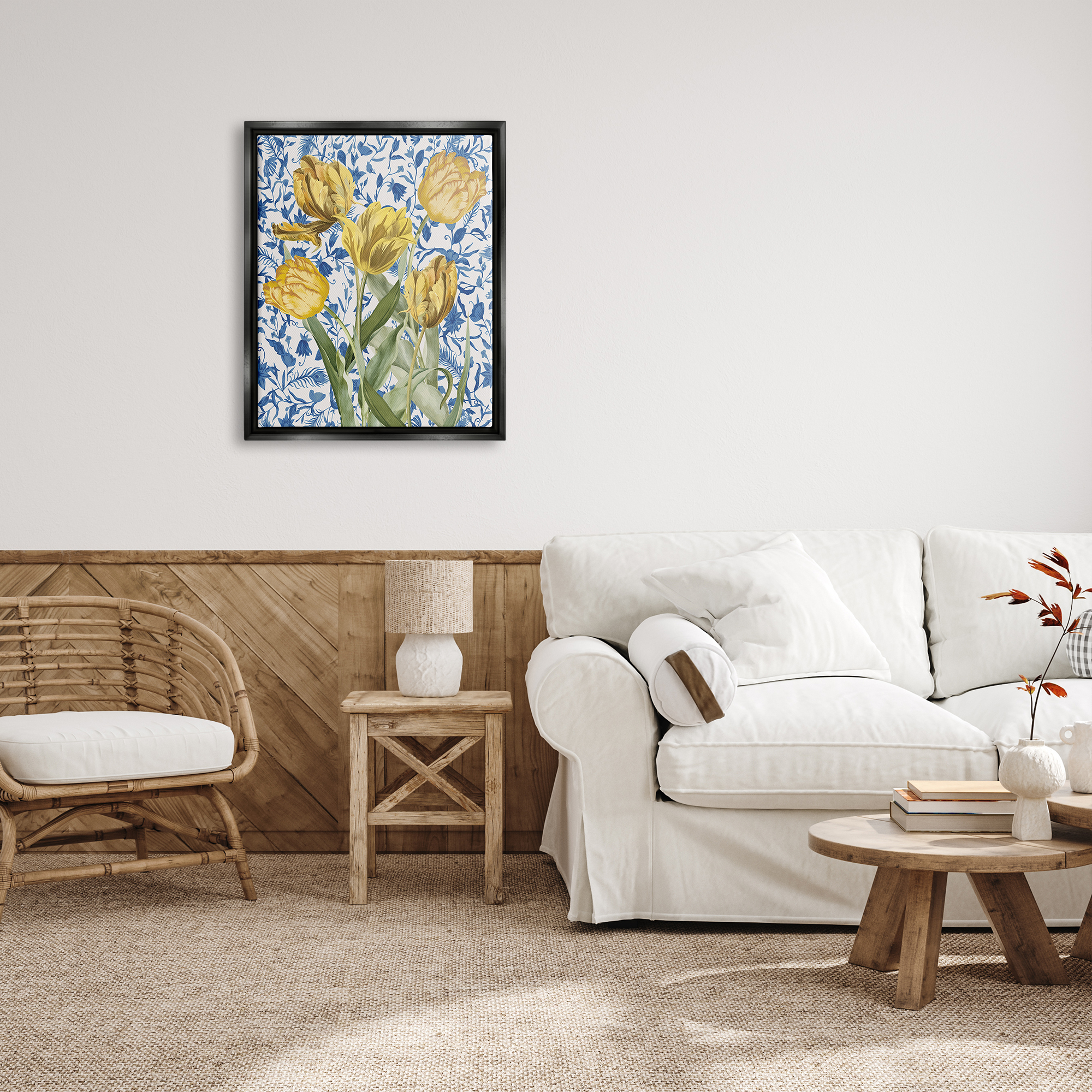 Stupell Industries Tulips on Blue Toile Botanical & Floral Painting Black Floater Framed Canvas Art Print Wall Art, 25 x 31