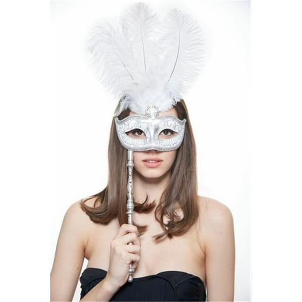 Gorgeous Carnival Inspired White Hand-Held Venetian Masquerade Mask with  Feathers - One Size 