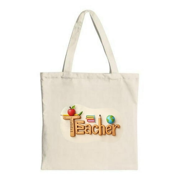 Stylish Canvas Tote Bag with ' Teacher ' in Wooden Letters Books Pencil & Globe - Perfect for Shopping & Travel