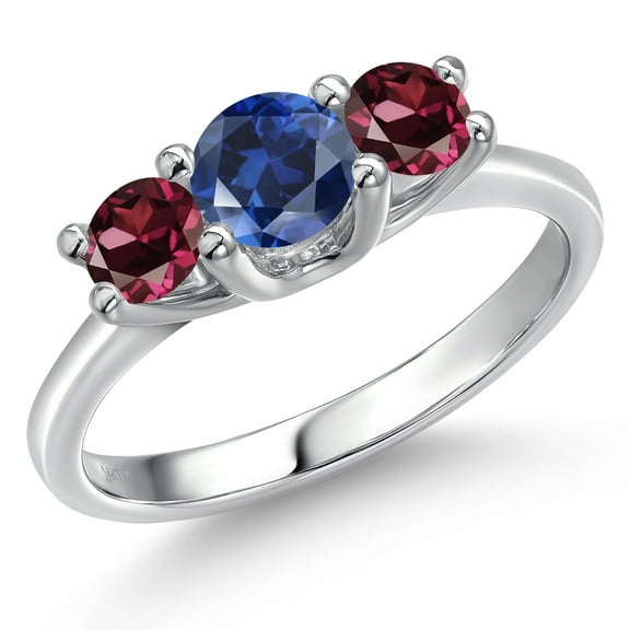 Gem Stone King 14K White Gold Blue Created Sapphire & Red Rhodolite Garnet 3-Stone Engagement Ring | 1.34 Cttw | Round 5MM and 4MM | Three Stone Wedding Anniversary Promise Ring for Women (Size 7)