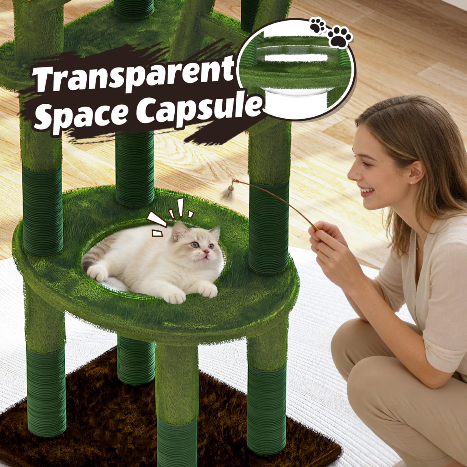 Green 72in Cactus Cat Tree Tall Cat Tower for Indoor Cats with Transparent Capsule Sisal Scratching Posts Plush Perches Interactive Toys Multi Level Activity Center