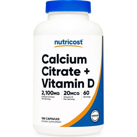 Nutricost Calcium Citrate   Vitamin D Supplement (2,100mg) 180 Capsules - 20mcg of Vitamin D, 60 Servings