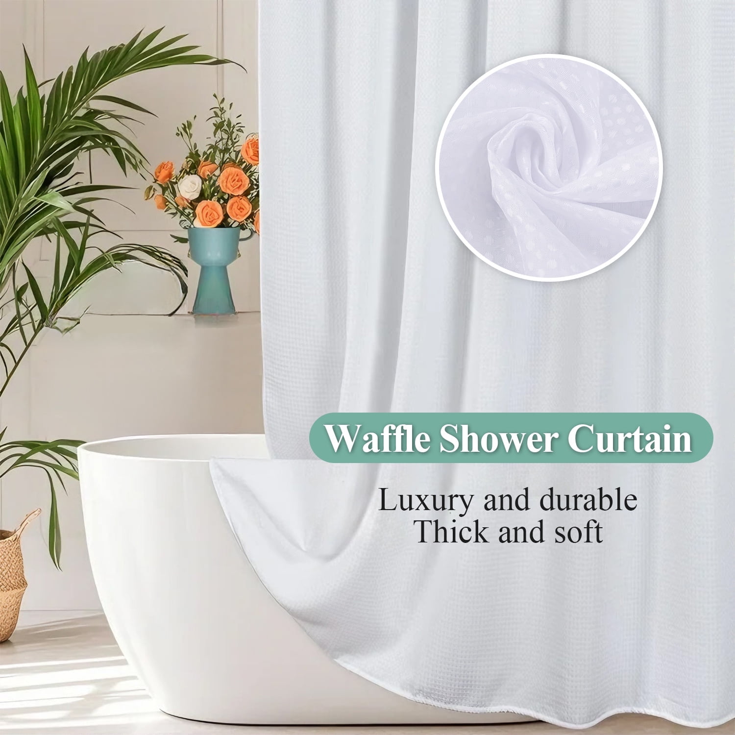 Vorfor Waffle Shower Curtain Set, 3-in-1 White Thick Weighted Fabric Shower Curtain with PEVA Liner & 12 Stainless Steel Double-Sided Hooks, 71 x 71
