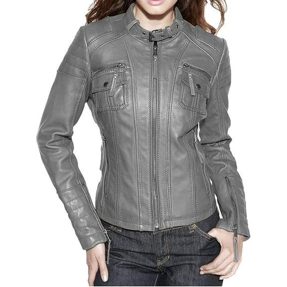 HOT! Women's Genuine Lambskin Leather Jacket Slim Fit Biker Gray jacket Coat W552