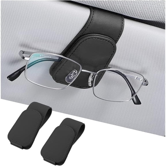 2PCS Sunglasses Holders for Car Sun Visor, Magnetic Clip, Black | Leather Eyeglasses Hanger Mounter, Magnetic Glasses Holder and Ticket Card Clip, Car Accessories, Universal Fit