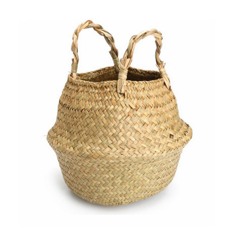 Hand Woven Belly Basket with Handles M+L+XL, Original+White Large Storage Laundry Picnic Plant Pot Cover Home Decor & Woven Straw Beach Bag POTEY 730202 Seagrass Plant Basket Set of 3 