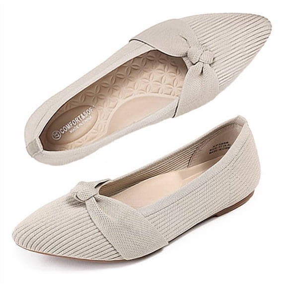 LANCROP Women's Pointed Toe Knit Ballet Flats with Bow Slip on Dressy Wedding Shoes