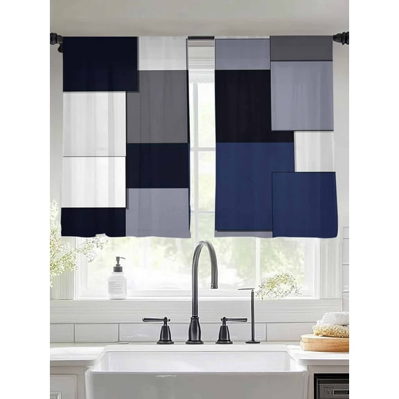 Blue Grey Patchwork Sheer Curtains 54 Inches Long 2 Panels Abstract Retro Geometric Art Light Filtering Semi Sheer Window Curtains Drapes for Bedroom Living Room 52"x54"