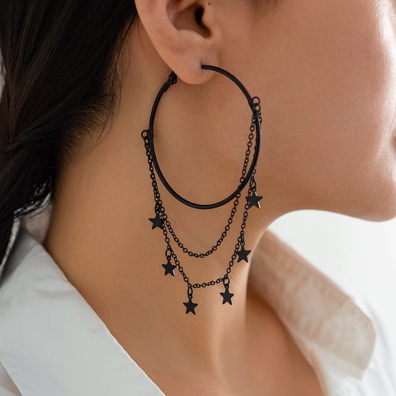 Women Chic Gothic Black Star Tassel Chain Hoop Earrings Party Club Ear Jewelry Gifts
