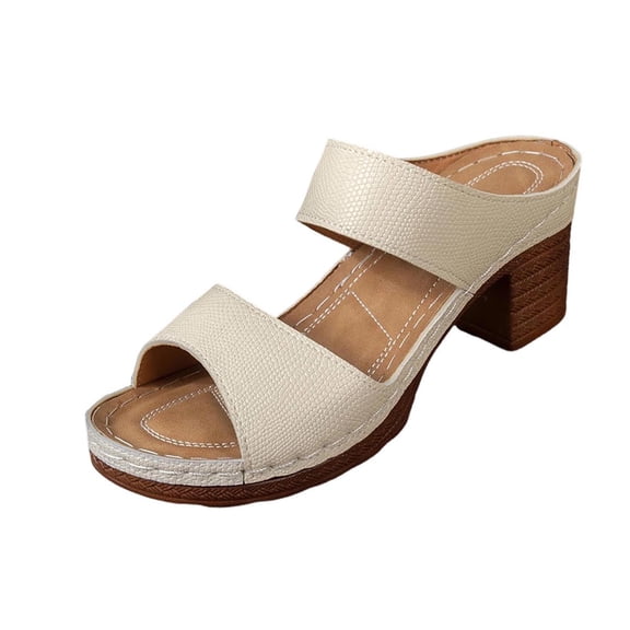 Beige Womens Hollow One Strap High Heel Sandals Round Toe Block Heel Pu Casual Summer Slides Size 5.5