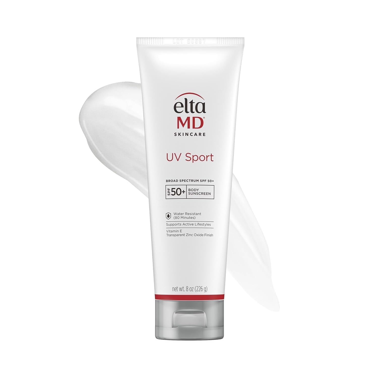 EltaMD UV Sport Sunscreen Lotion, SPF 50 Body Sunscreen, Water and Sweat Resistant, Oil-Free, Zinc Oxide Formula, 8 oz Tube