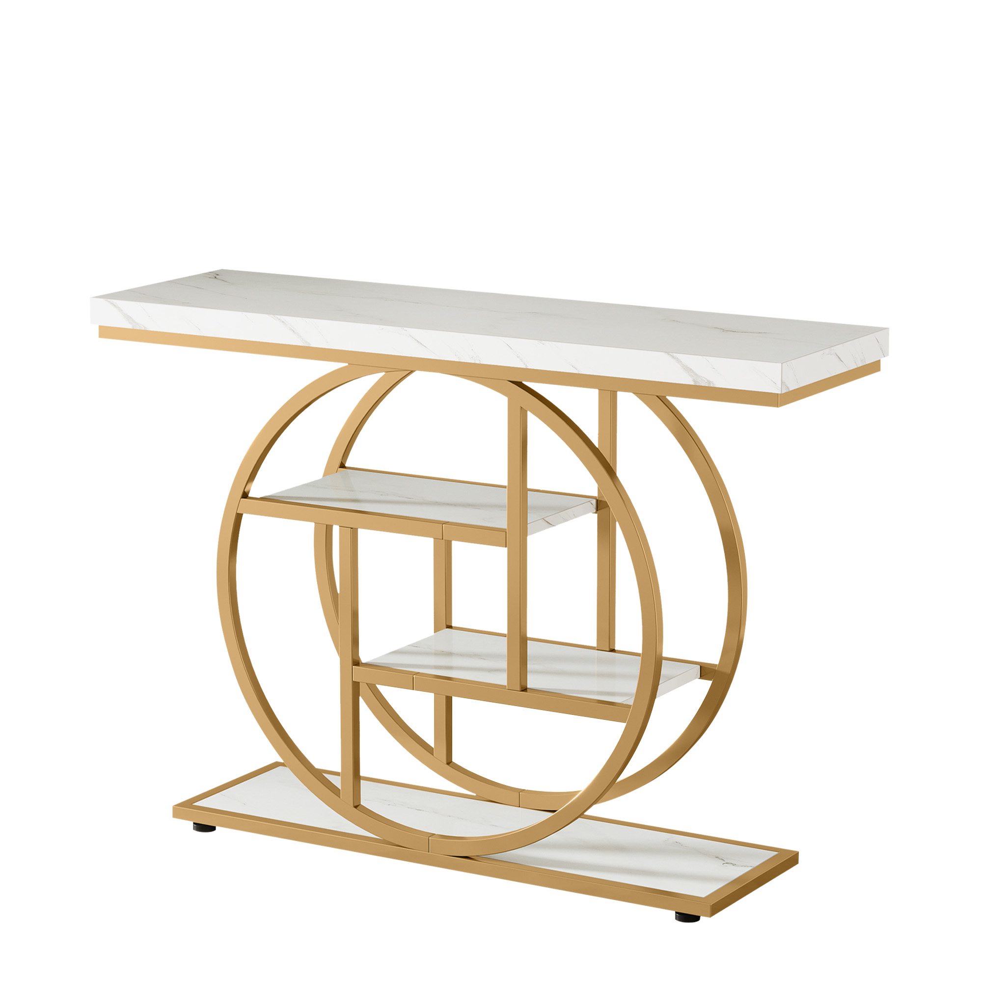 MAYEERTY 41.3" Industrial 4-Tier Console Table, Wood Shelves Round Circle Metal Base Entryway Sofa Table with Adjustable Anti-Wobble Foot Pads
