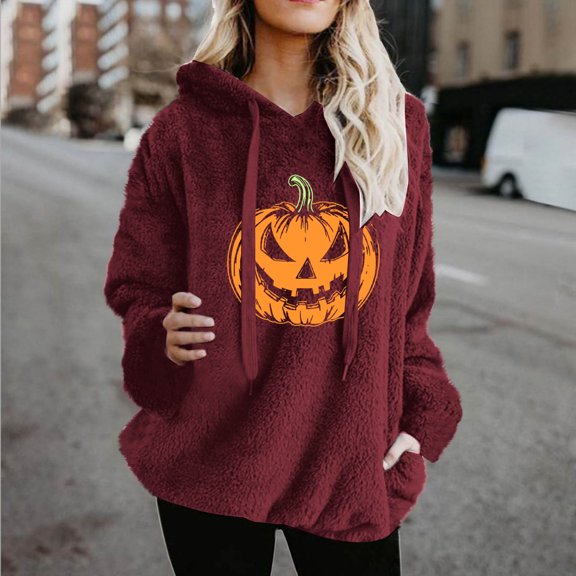 Tawop Women Fleece Pullover Fall and Winter Pumpkin Printed Long Sleeve Warm Wool Pockets Drawstring Hoodie Sweatshirt Wine
