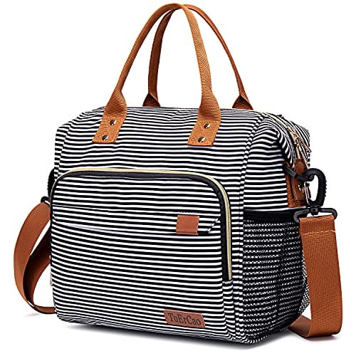 Kingwo Insulated Cold Canvas Stripe Picnic Carry Case,Thermal Portable Lunch Bag,Portable Large Space Elegant Blue 