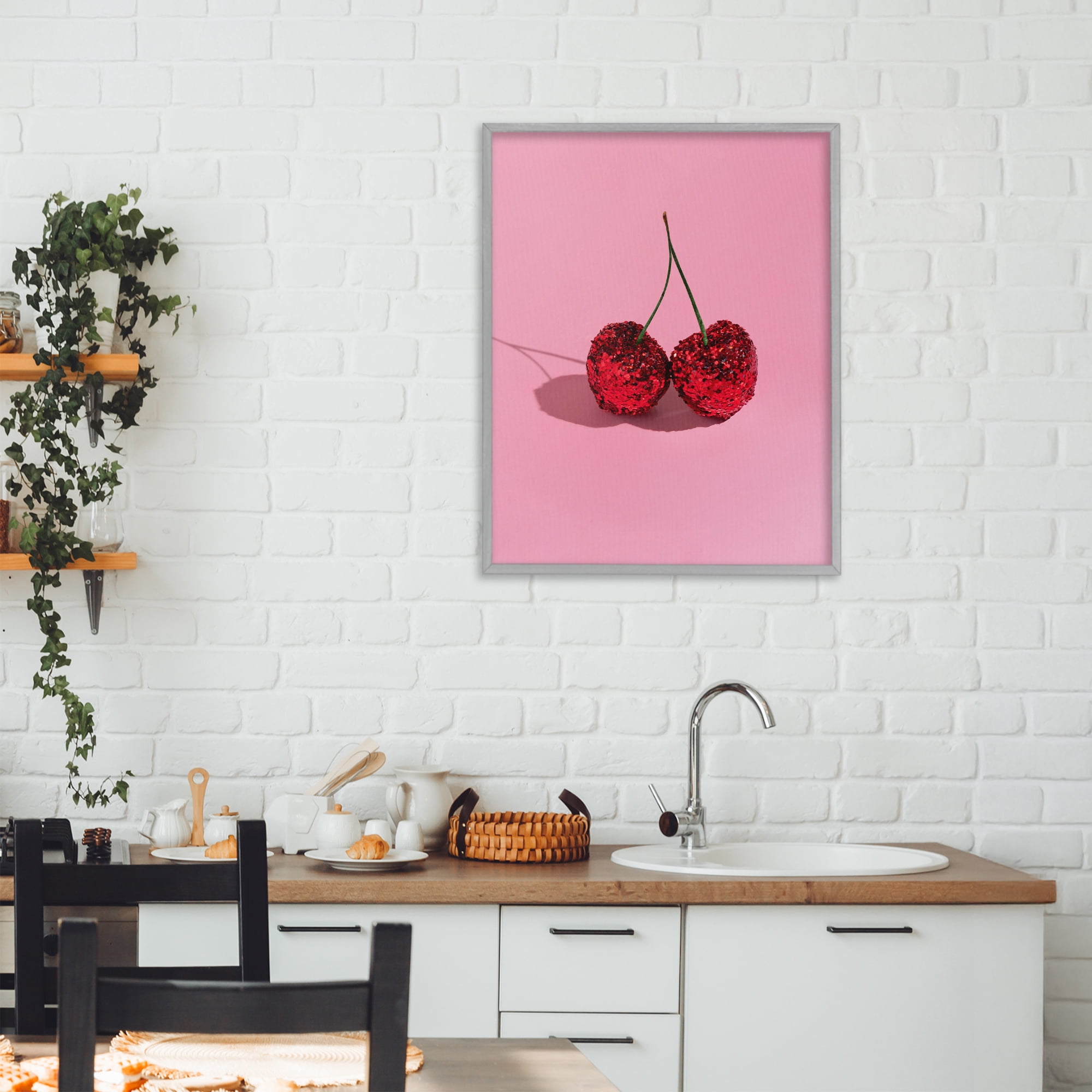 Stupell Industries Glitter Encrusted Cherries Gray Framed Giclee Art, design by LISH Creative