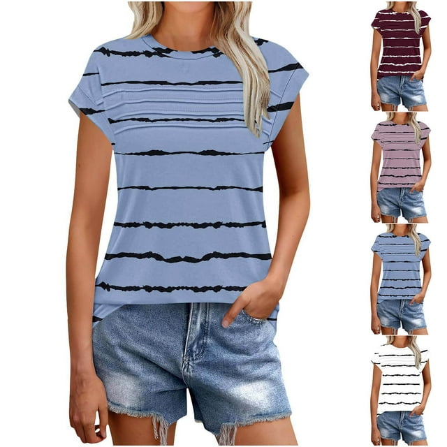 T-shirt Plissé Chic pour Femmes, Haut à Manches Courtes Décontracté, Tissu en Polyester Doux, Col Rond, Coupe Régulière, Parfait pour le Printemps et l'Été, Usage Quotidien