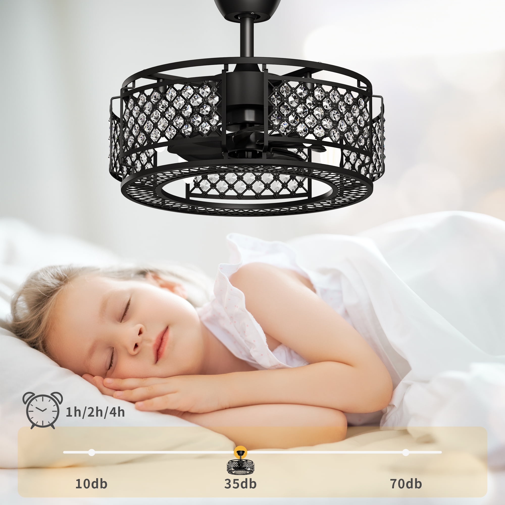 Dextrus Industrial Ceiling Fan with Remote, 3 Speed and 3 ABS Blades Indoor Crystal Chandelier Fan for Living Room Bedroom Study Dining Room, Matte Black