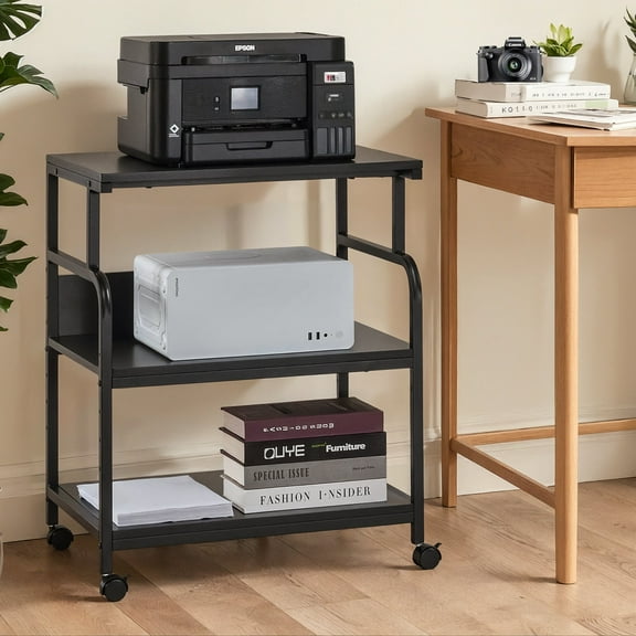 VECELO Printer Stands with Charging Station, Large Rolling Printer Cart with Wheels, 3-Tier Printer Table with Power Outlet USB Port, Printer Shredder Stand for Home Office, Black