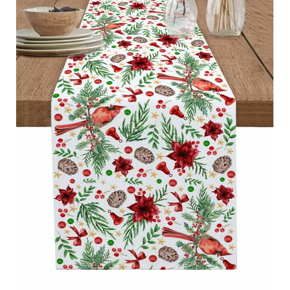 Red Christmas Burlap-Cotton Table Runner 90 Inches Long,Xmas Birds Botanical Berry Poinsettia Farmhouse Table Runners,Outdoor Dining Tablecloths Decor for Baby Shower Party Wedding 13x90