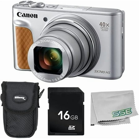 Canon PowerShot SX740 HS Digital Camera (Silver) 4PC Bundle - Includes 16GB SD Memory Card   Point & Shoot Case   Microfiber Cleaning Cloth