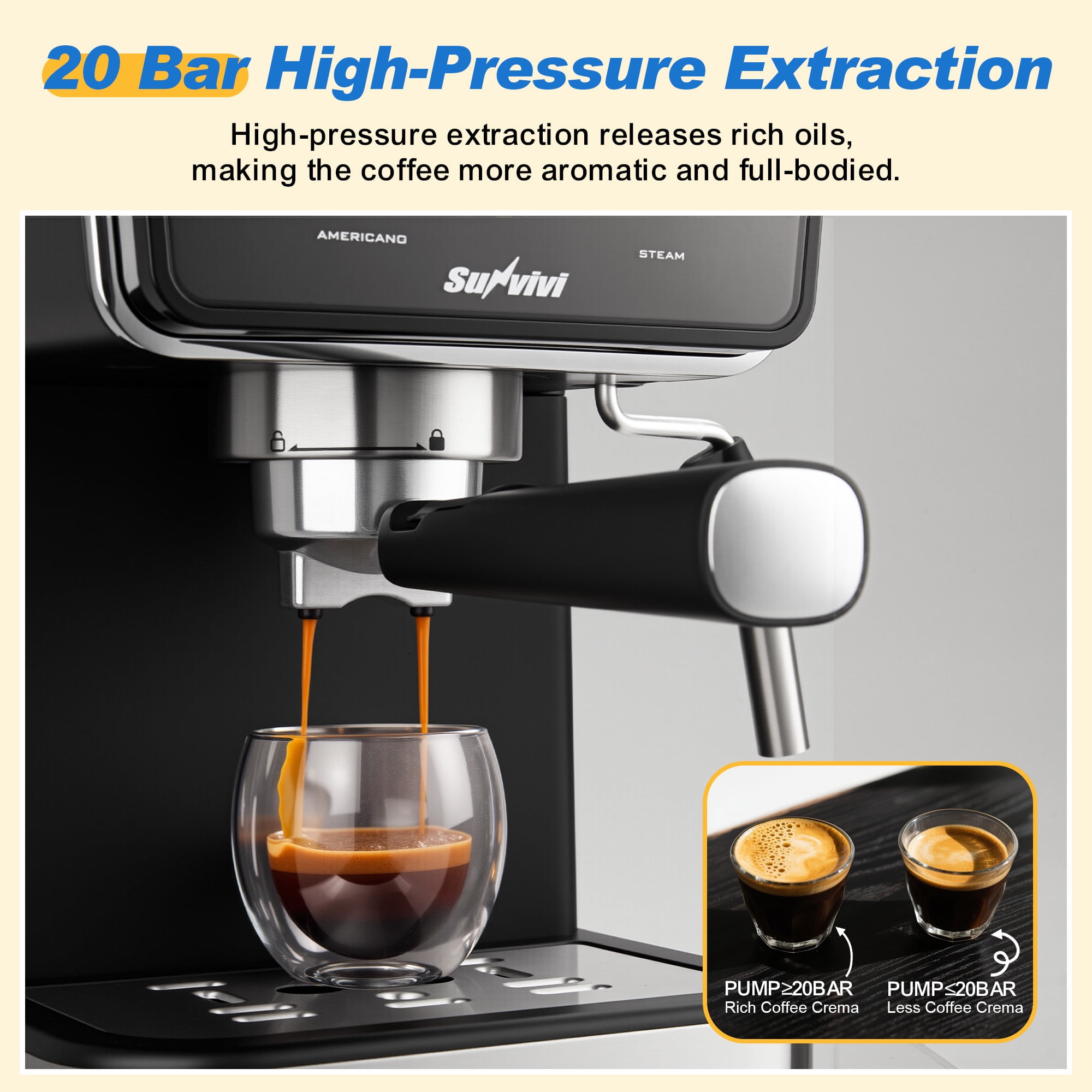 SUNVIVI 20 Bar Espresso Machine, 3-in-1 Hot & Iced Coffee Maker with Milk Frother, LED Touch Control, Removable 52oz Water Tank