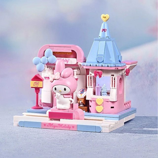 Juego de bloques de construcción de Sanrio, dibujos animados de anime, paisaje urbano, Kuromi, regalo para niños, mesa de juego de tendencia, decoración, juguetes de ensamblaje
