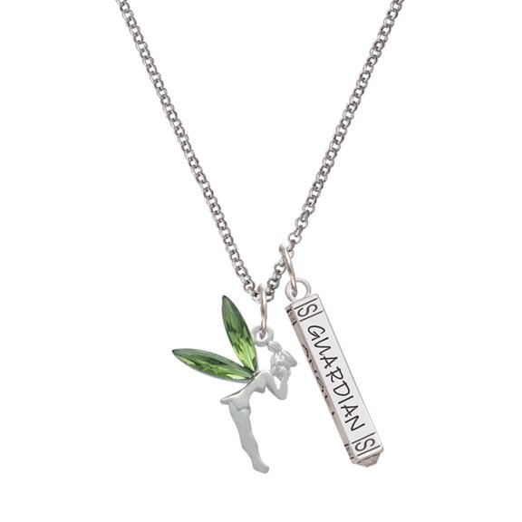 Delight Jewelry Silvertone Large Fairy with Lime Green Wings Silvertone Guardian Angel Bar Charm Necklace, 23"
