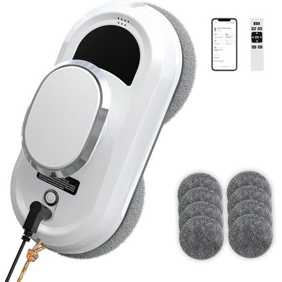 Automatic Window Cleaning Robot,Smart Robot Window Cleaner Inside/Outside,3000Pa Suction,Edge Detection,Intelligent Path Planning,Remote Control for high Glass,Shower,Mirror with 10 Rags(White)