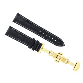 24MM LEATHER WATCH BAND STRAP DEPLOYMENT CLASP FOR LONGINES WATCH BLACK WS GOLD