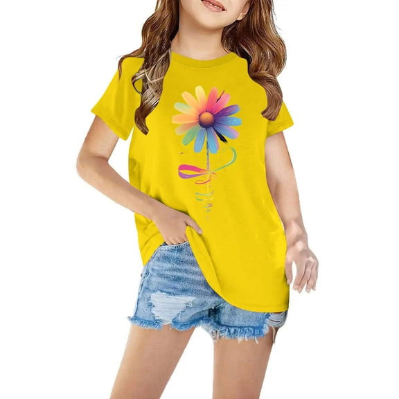 Amidoa Girls Short Sleeve Graphic Summer Crewneck T Shirts Kids Cotton Casual Tops Yellow Size 7
