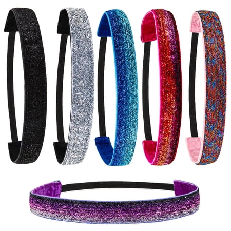6 Glitter Headbands for Girls - Non Slip Elastic Headbands - Cute Hair