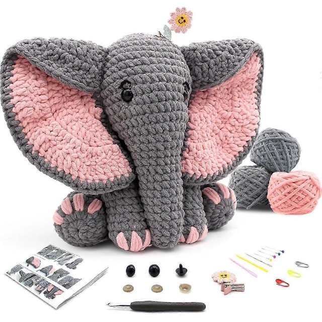 CODGP Crochet Kit for Beginners,13in Crochet Animal Kit Elephant,Crochet Starter Kit Gift for Adults Kids with Yarn Sets,Amigurumi Crochet Kits with S