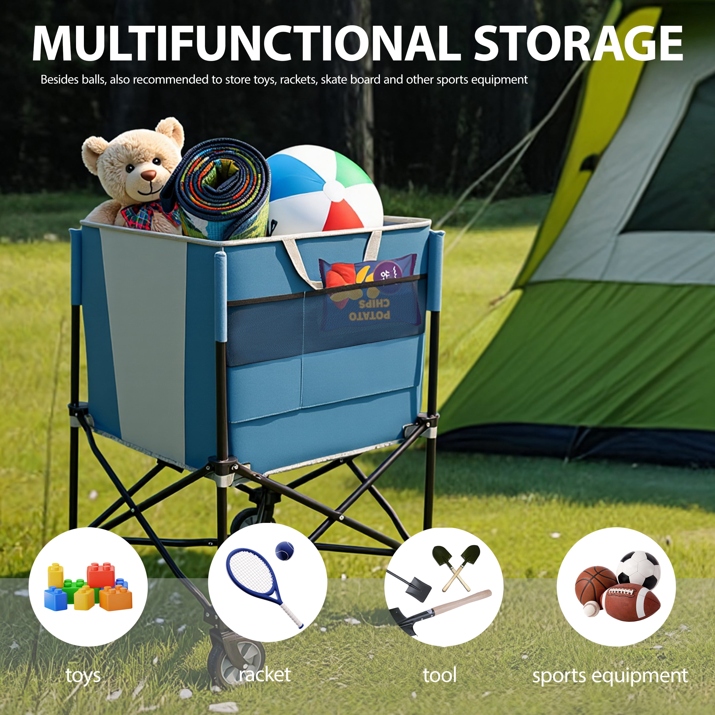Collapsible Tennis Ball Cart with 360° Wheels, Portable Sports Ball Hopper with Side Pockets, Washable Mesh Storage Basket for Tennis Pickleball Equipment