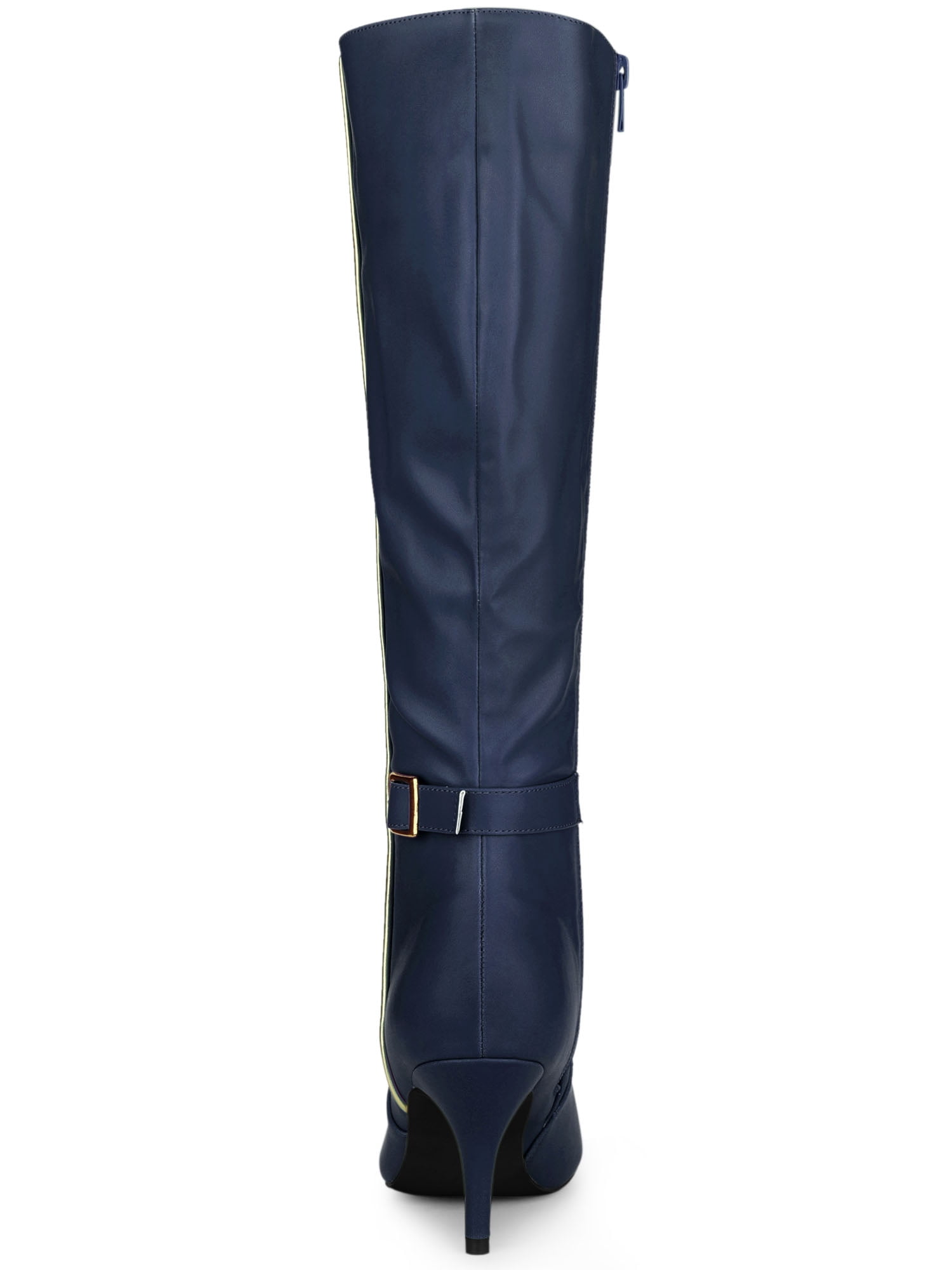 DARING DIVA Women's Pointy Toe Buckle Stiletto Heel Black Knee High Boots Navy Blue 6
