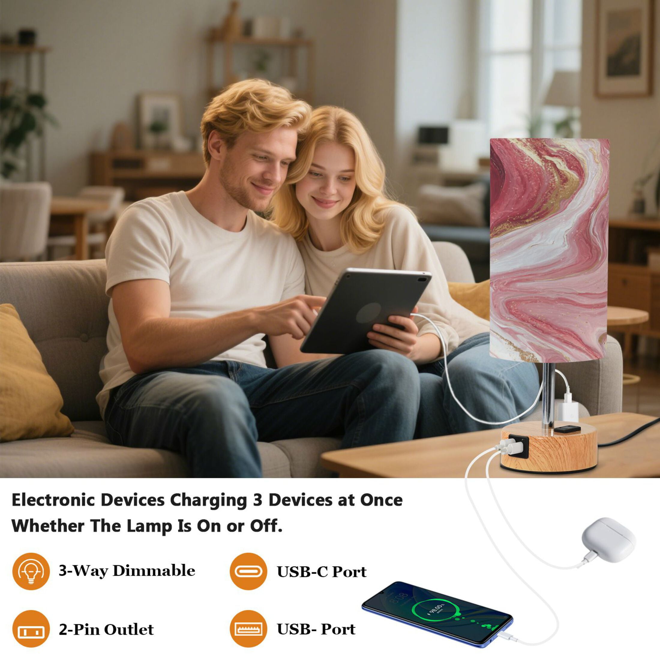 Touch-Control 3-Color Desk Lamp with Plug – Energy-Saving LED + 3 Simultaneous Charging Ports Burgundy Marble Flow