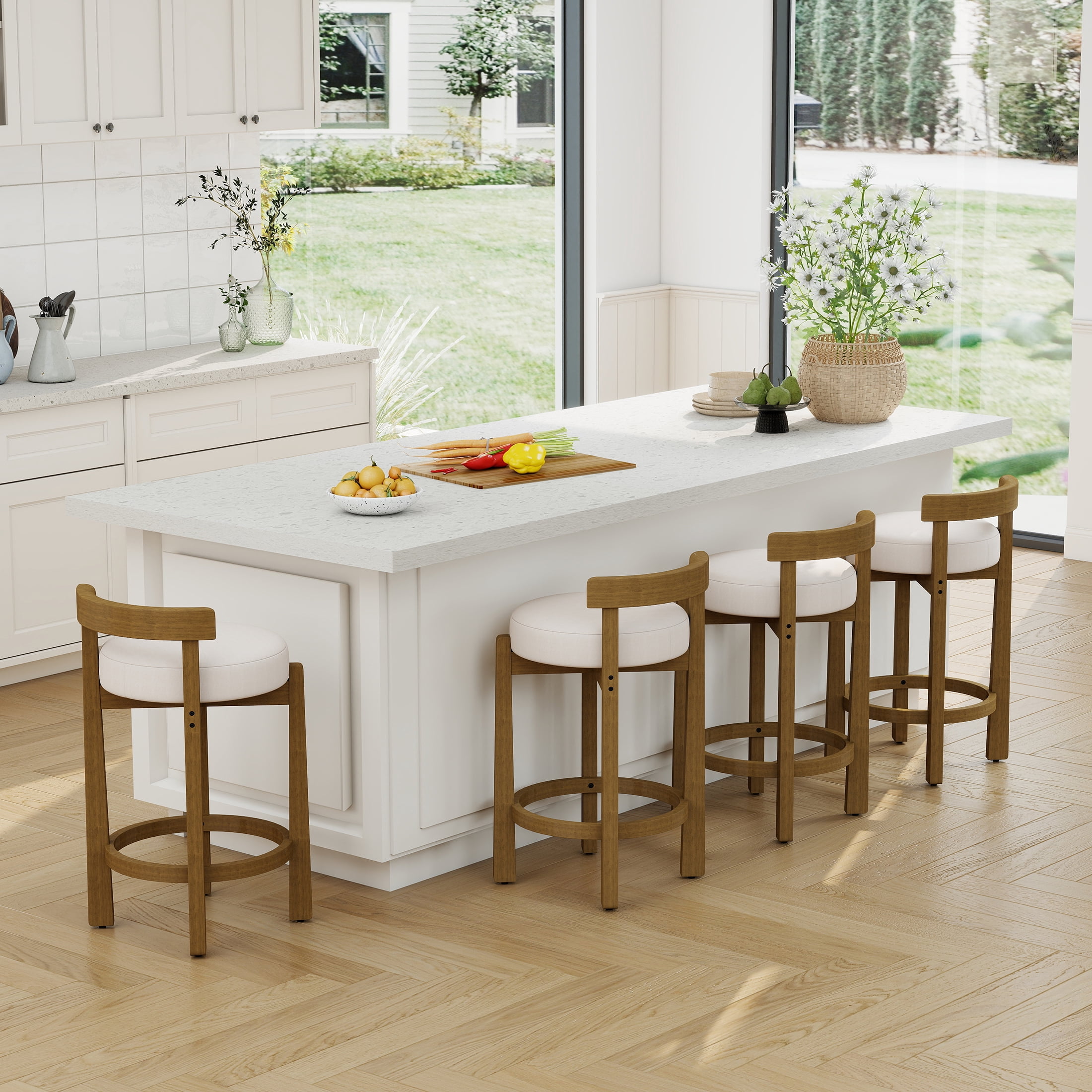 Guyou Counter Height Stools, Mid Century Modern 27" Armless Island Bar Stools with Curved Back and Wooden Frame, Round Kitchen Stools with Footrest for Restaurant Bar Kitchen Island, Beige