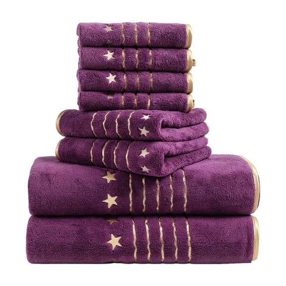 8 Pack Star Embroidered Bath Towel Set, Purple Cloth Bath Hand Towels and Washcloths for Bathroom Shower