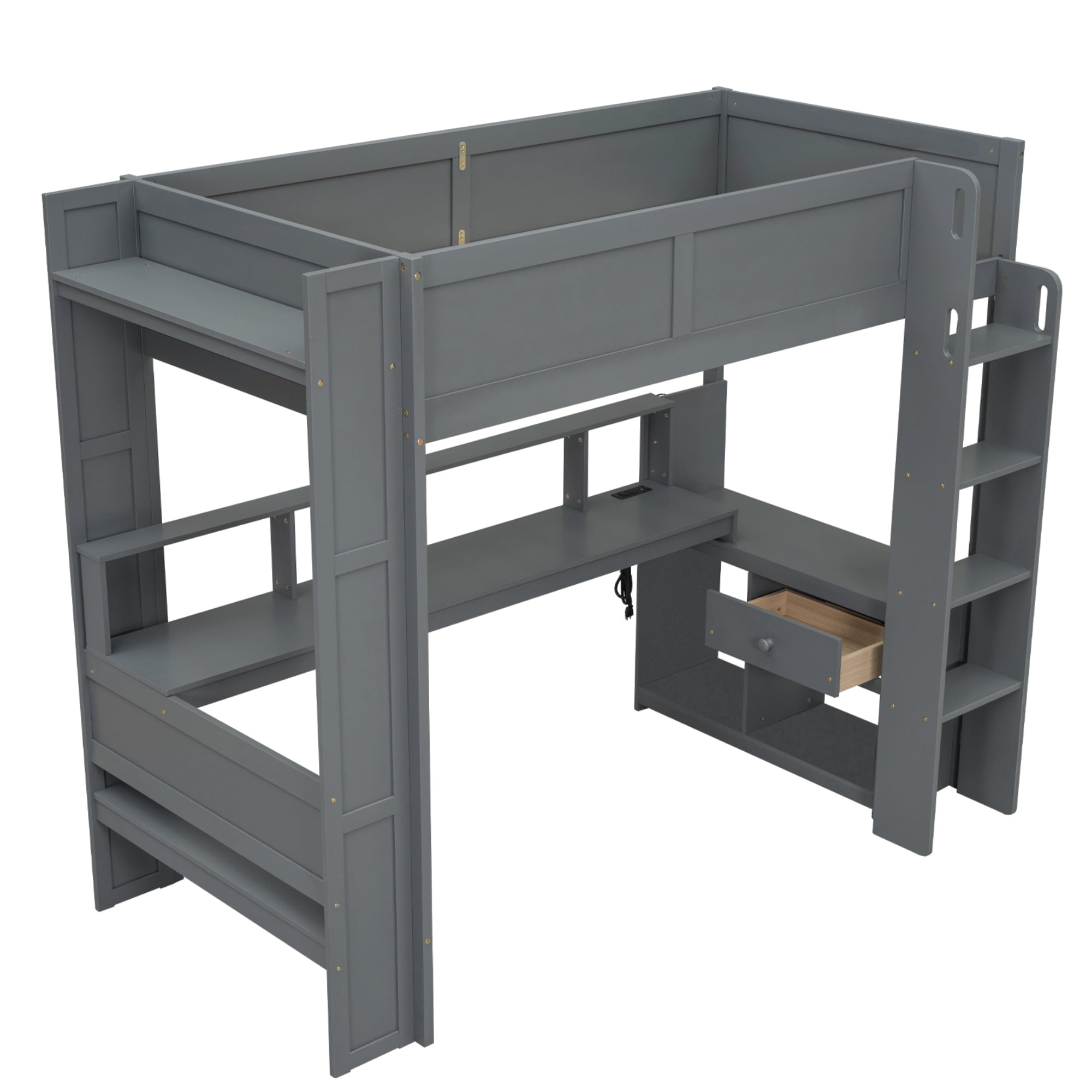 MAYEERTY Wood Twin Size Gaming Loft Bed with Desk, Multi-storage Shelves, LED and Charging Station, Dark Gray