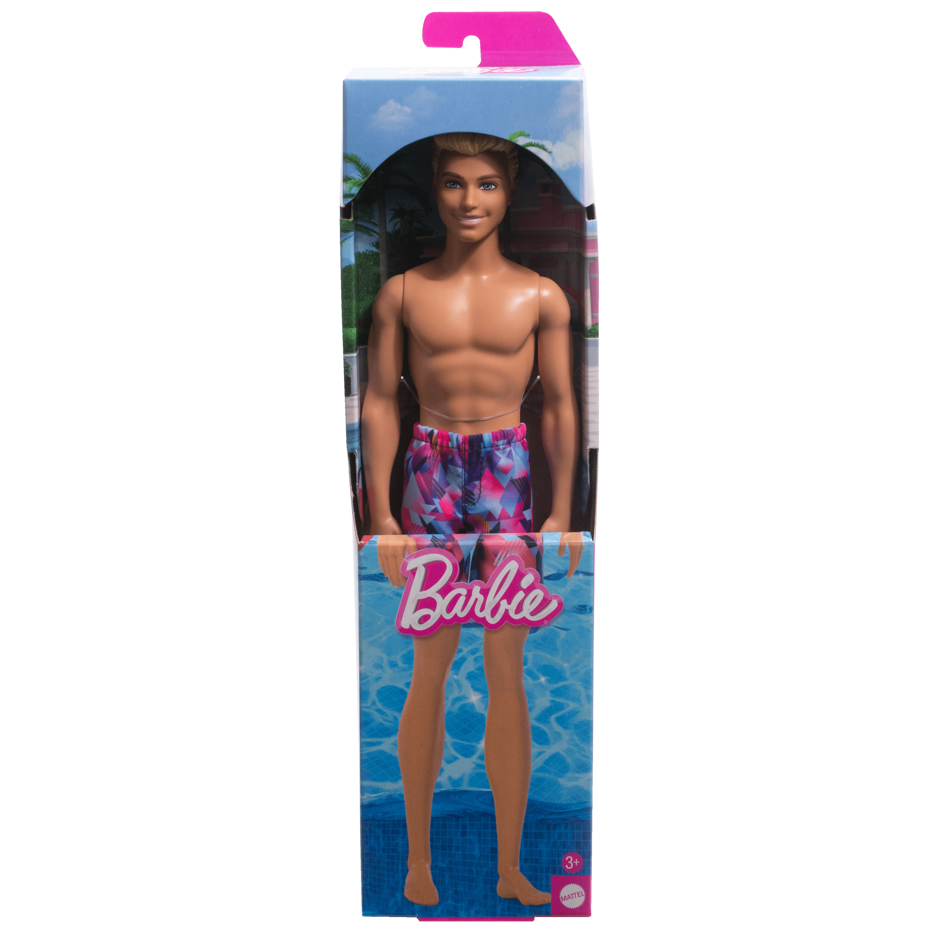 Barbie Beach Day Ken Doll with Blond Hair Wearing Purple Patterned Summer Swimsuit