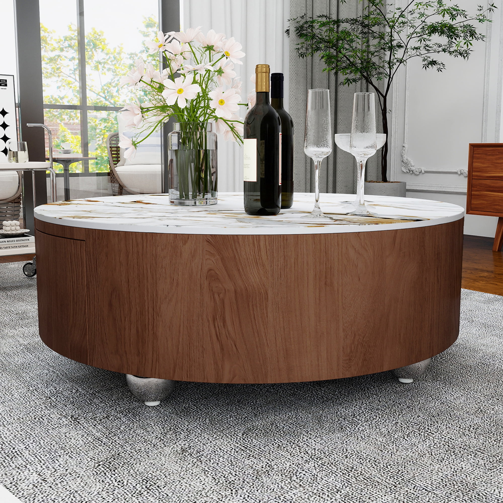 MDQMD 35" Round Faux Marble Coffee Table with 2 Silent-Close Drawers & Stainless Steel Legs - Modern Walnut Storage Center Table for Living Room, White Luxury Sturdy Design