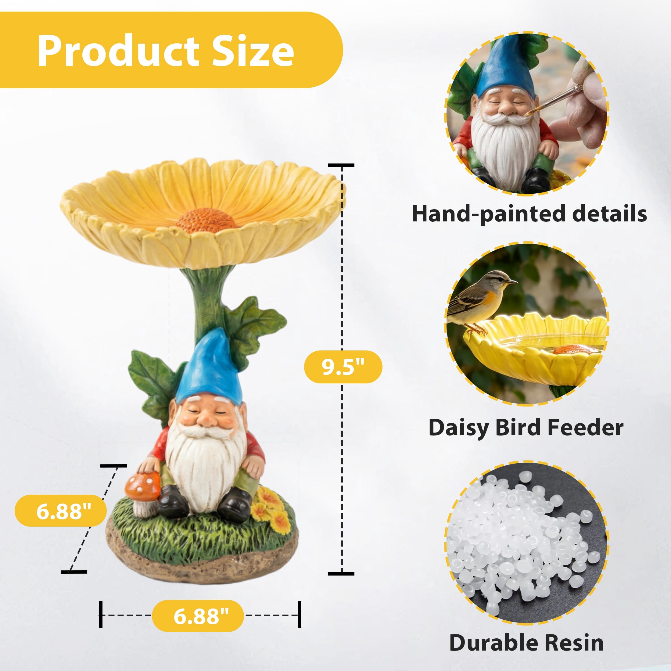 The Growing Ground Daisy Gnome Bird Feeder, Resin Garden Statue with Flower Bowl for Outdoor Patio Decor, Yellow