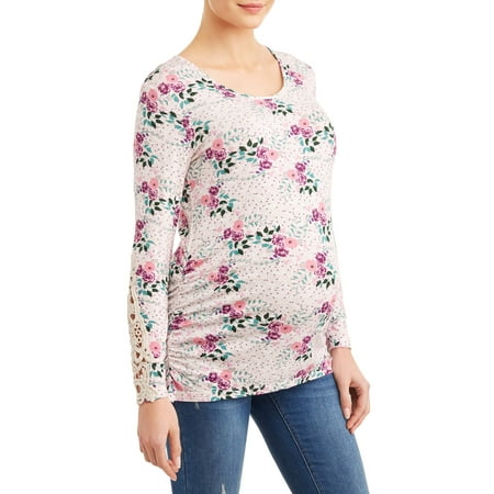 - Maternity Side Ruched Tee with Crochet Detail at Sleeve