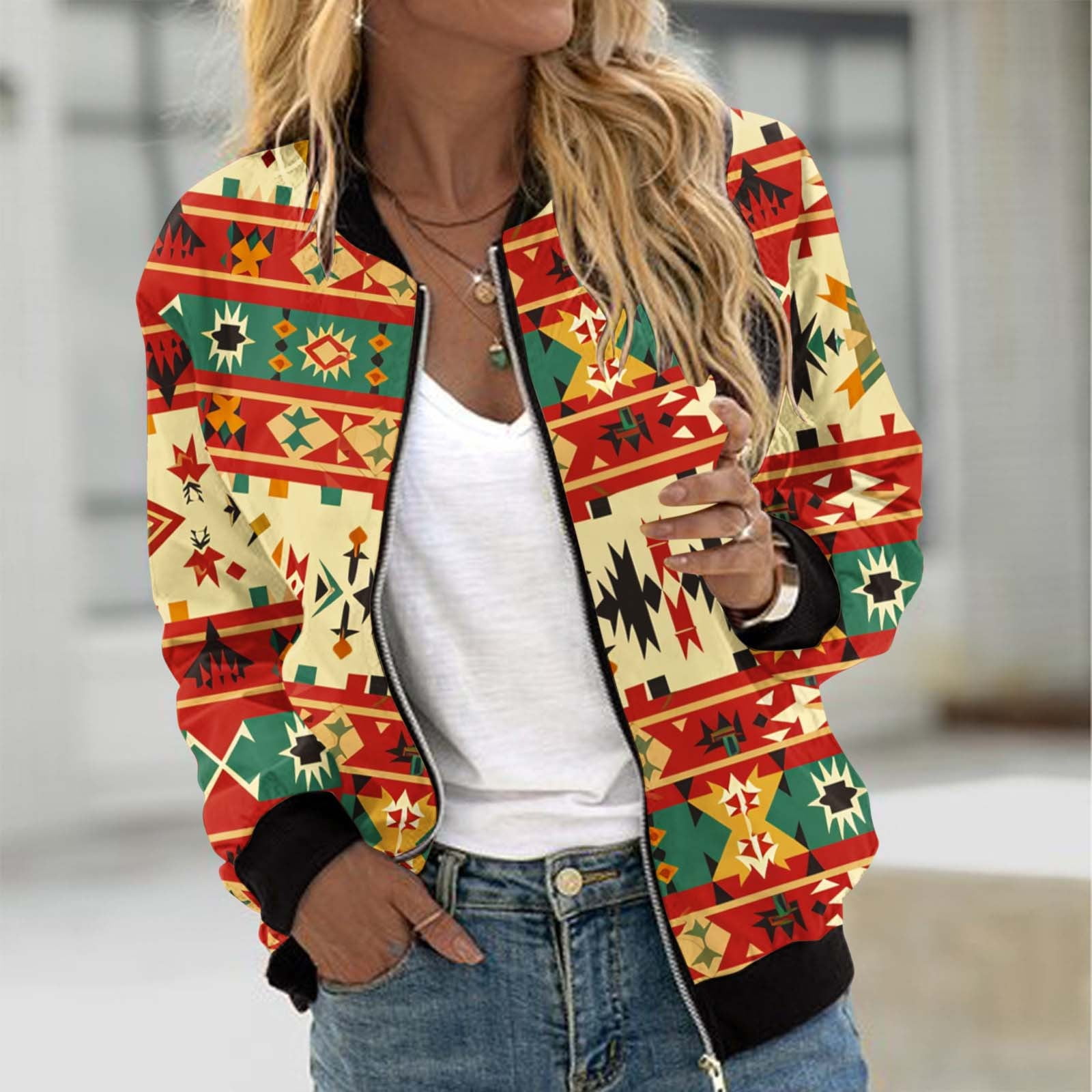 Feancey Aztec Bomber Jacket Women Zip up Lightweight Flight
