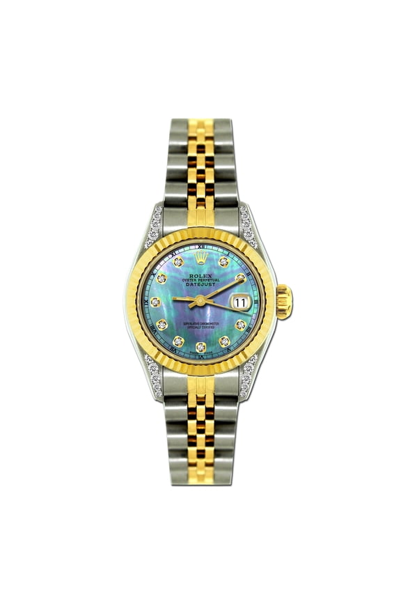 Pre-Owned Rolex Datejust 26MM 6917 Blue Mother of Pearl Diamond Dial Fluted Bezel Two Tone Yellow Gold Jubilee Bracelet