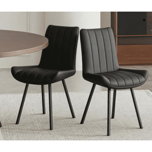 Set of 2 Black PU Leather Dining Chairs, Modern Breathable Kitchen Chairs with Metal Legs
