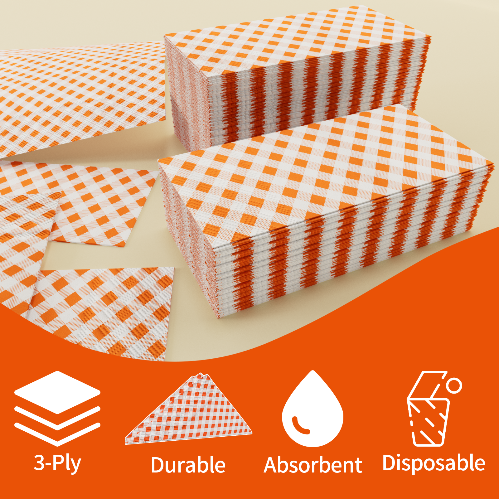 DYLIVeS 50 Count Orange Buffalo plaid Napkins Disposable Towels Orange and White Checkered Guest Napkins 3 Ply Dinner Napkins Gingham Paper Napkins - image 2 of 7
